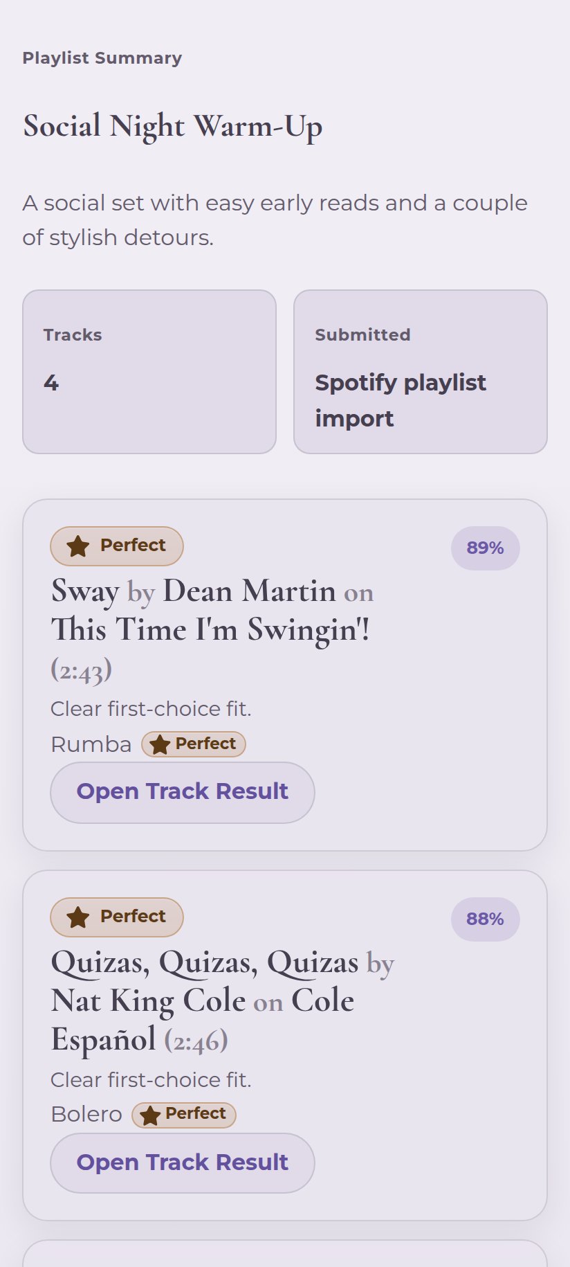 A playlist read by the Identifier, each track with the dance that suits it best.