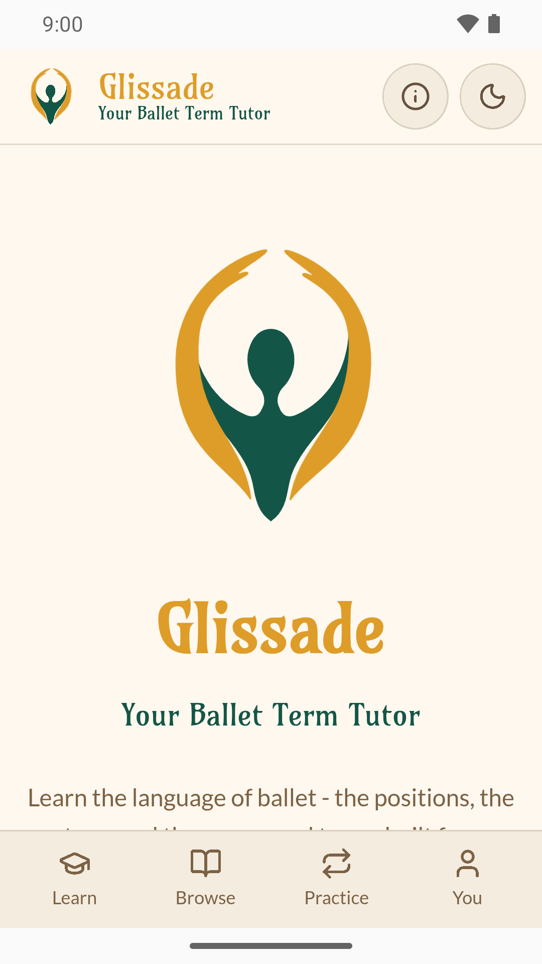 The app's home screen: the Glissade mark, the name and Your Ballet Term Tutor, above the four tabs Learn, Browse, Practice and You.
