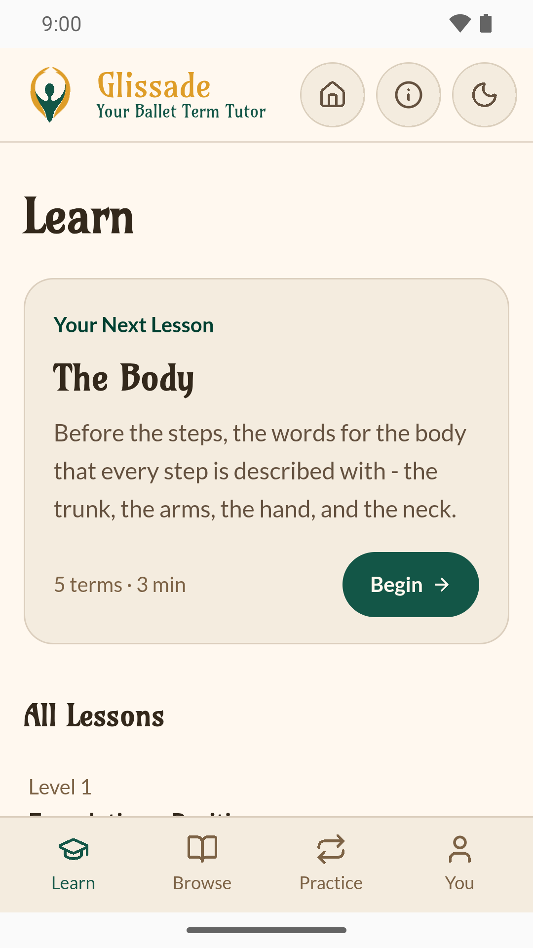 The Learn tab, with Your Next Lesson, The Body, five terms in three minutes, and a Begin button above All Lessons.