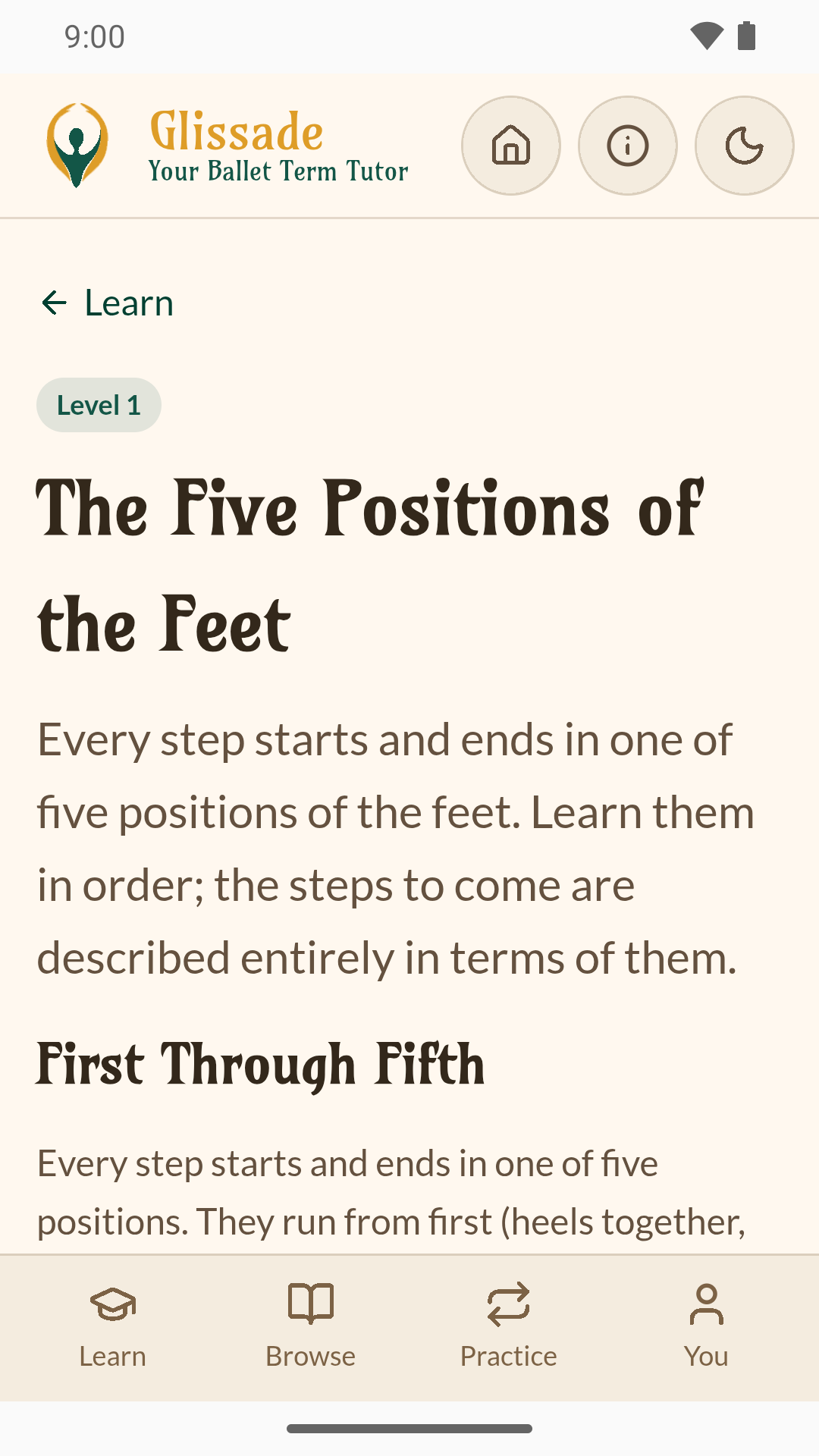 A lesson, The Five Positions of the Feet, at Level 1, opening with why every step is described in terms of them.