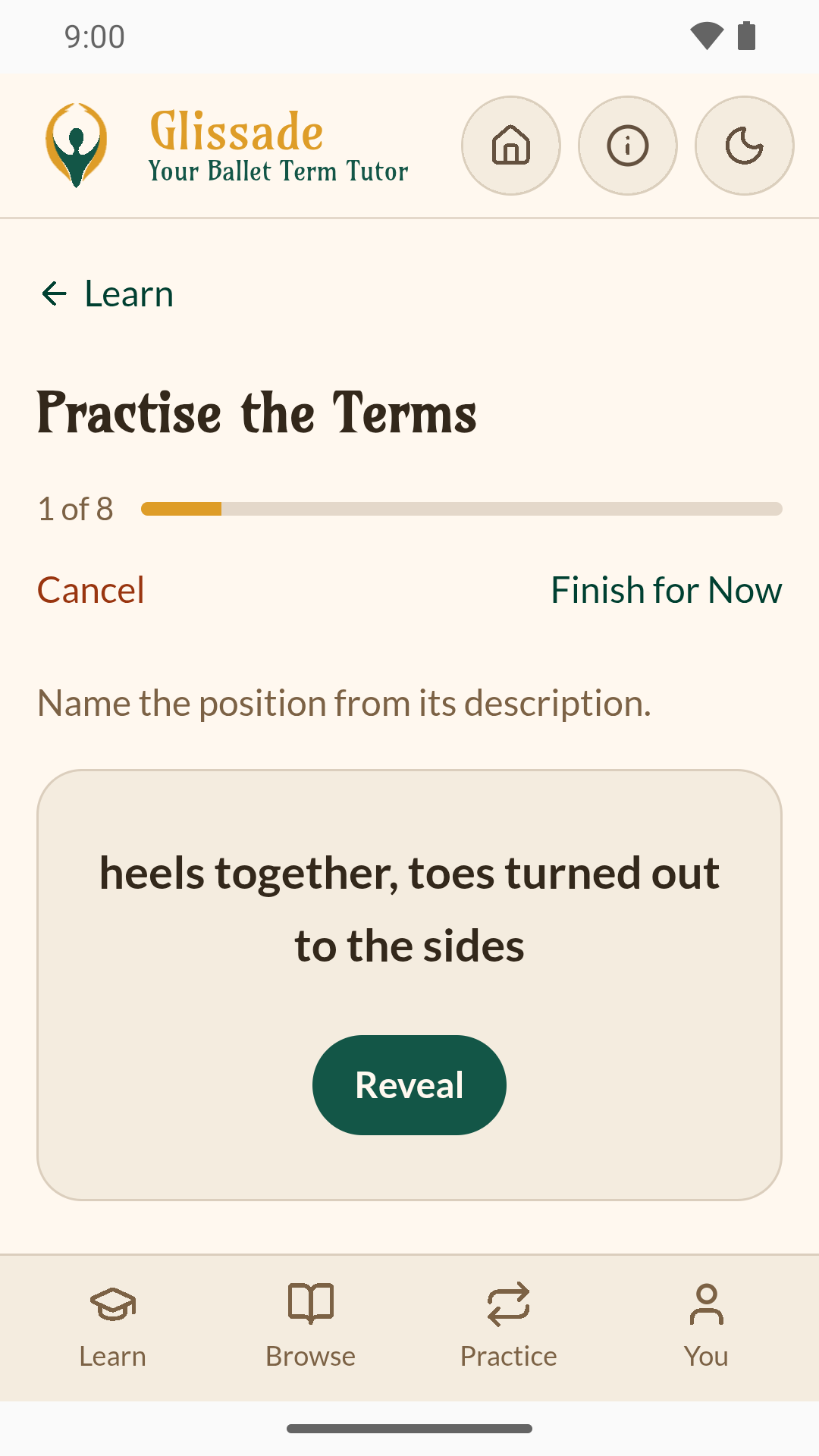 A practice card, one of eight, asking for the position described as heels together, toes turned out to the sides, with a Reveal button.