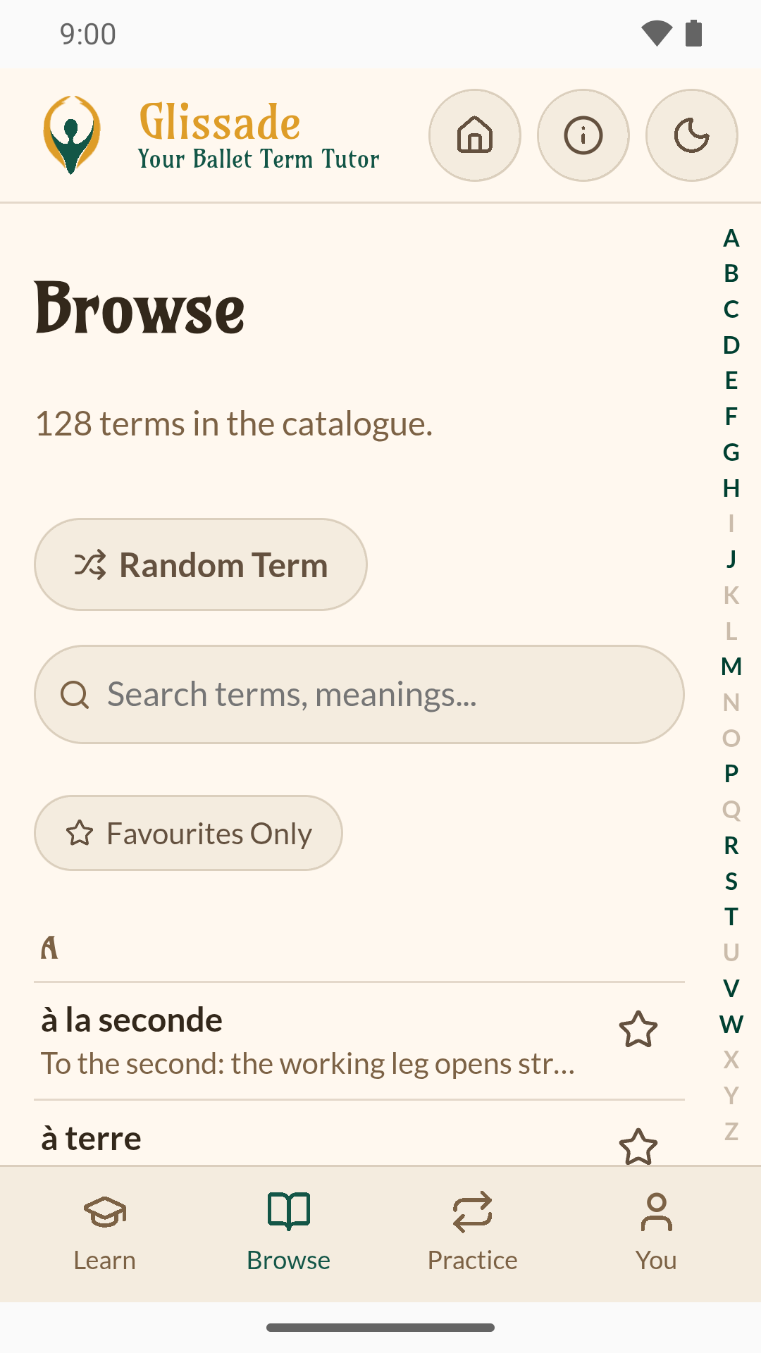 The Browse tab: 128 terms in the catalogue, a Random Term button, a search box, Favourites Only, and the list from à la seconde.