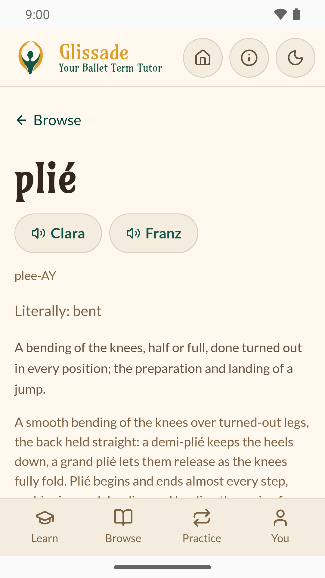 The term plié: the buttons Clara and Franz to hear it, its respelling plee-AY, its literal meaning, bent, and its definition.